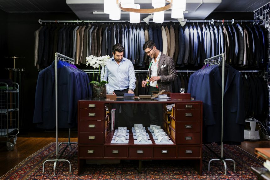 Men in clothing store